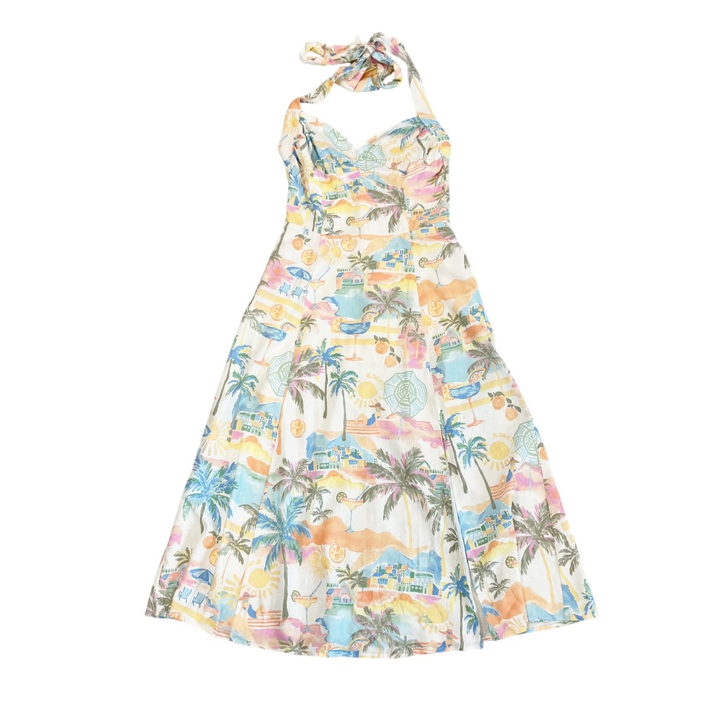 Dress Forum Los Angeles Tropical Beach Print Halter Maxi Dress Euro Summer LARGE
